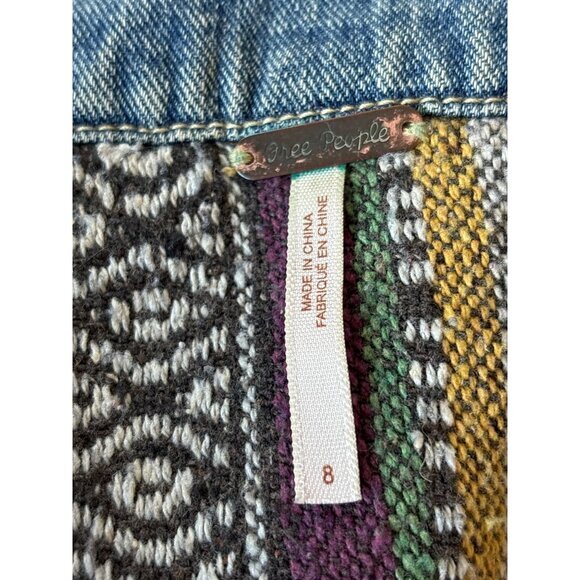 Free People Womens Jean Jacket Size 8 Blue Trucker Distressed Baja Aztec Denim - Picture 9 of 10
